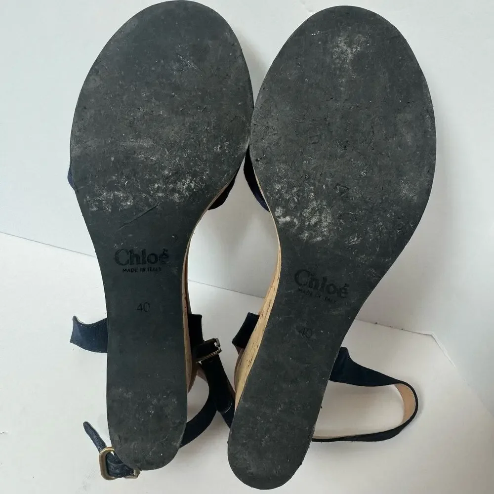 CHLOE Blue Wedge Open Toes Sandal Heel Size 40